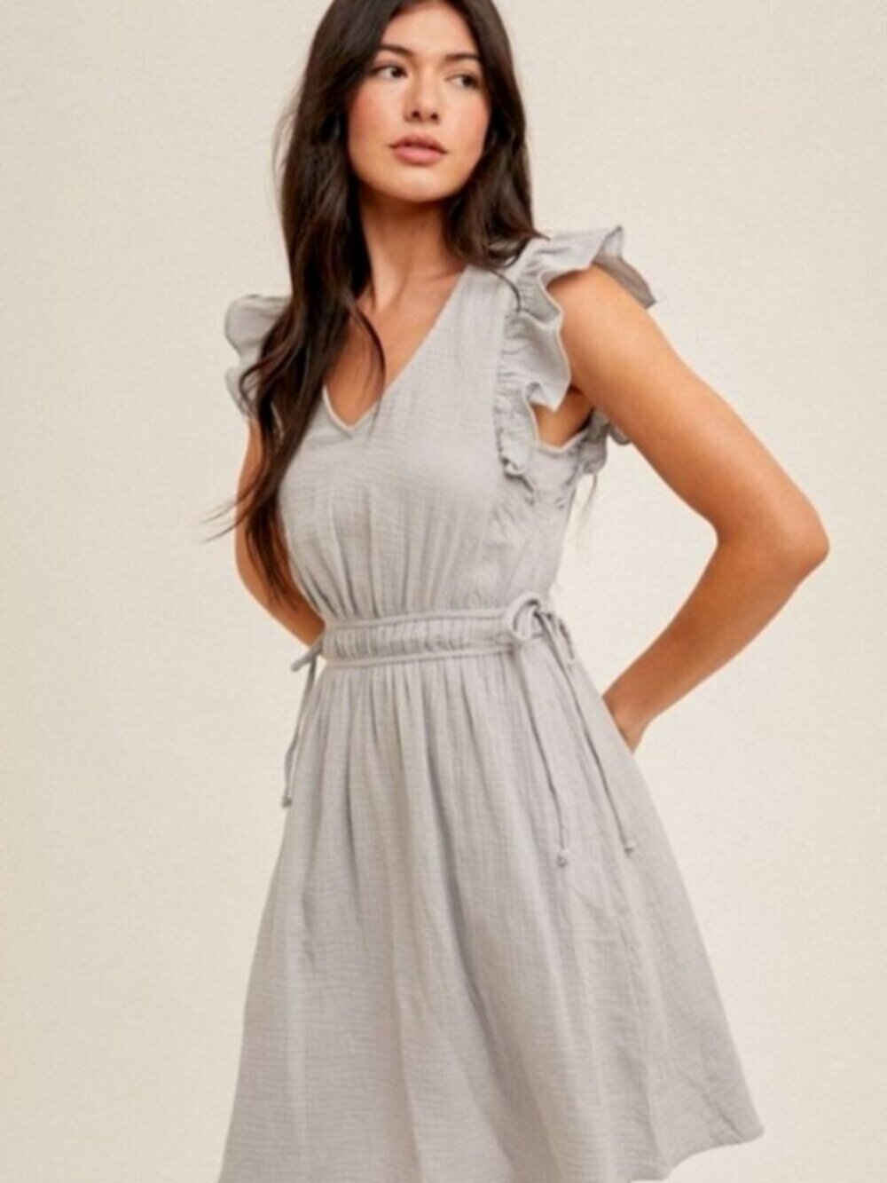 HEM & THREAD Flutter Sleeve V-Neck Mini Dress Dusty Blue NWT